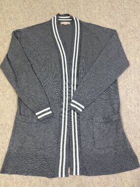 It's Our Time Gray Longline Open Front Cardigan M Striped Trim Pockets